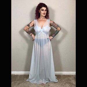 40s Vanity Fair Iced Blue Super Sheer Maxi Slip Dress Lingerie Bridal Lace 38